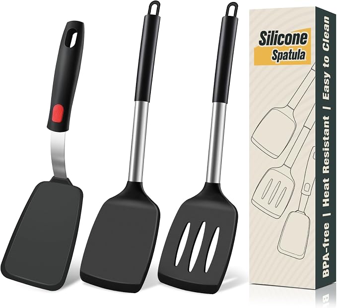 Silicone Spatula Set, Heat Resistant Solid & Slotted Turner for Non-Stick Pans, Silicone Cooking Utensils Set, BPA-Free, Flexible Spatula Turner for Flipping Eggs, Burgers, Pancakes, Black, 3 PCS-A