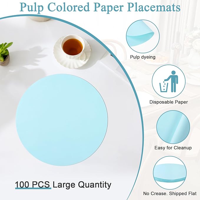 SHACOS 100 pcs Round Paper Placemats Disposable 13 inch Colored Paper Decorative Place Mats for Wedding Birthday Party Bridal Baby Shower Table Decoration, Light Blue