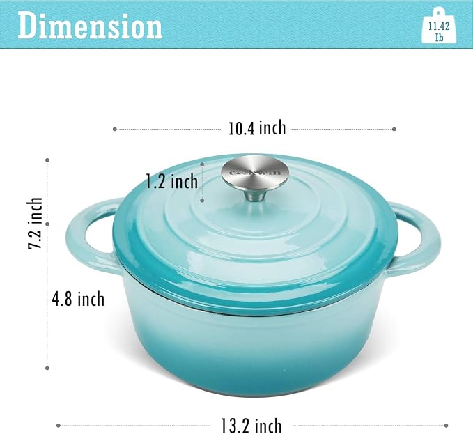 Enameled Cast Iron Dutch Oven, 5 QT Bread Baking Pot with Self Basting Lid, Non-stick Enamel Coated Cookware Pot, Great Christmas Gifts for Family, Teal