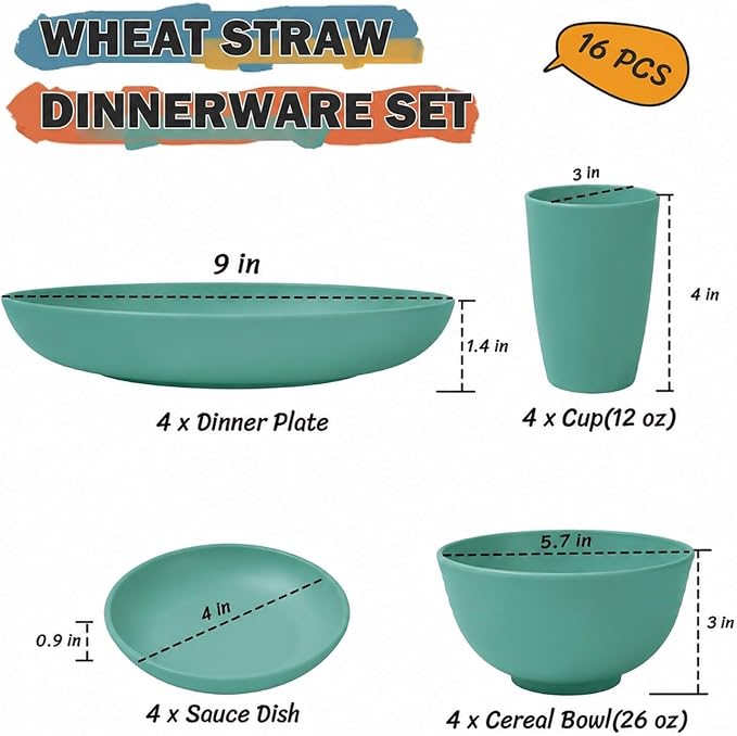 Unbreakable Wheat Straw Dinnerware Set 16 PCS - Kids Plates and Bowls Set for 4,Dishwasher & Microwave Safe Lightweight Toddler Plates and Bowls Set for Party Camping Kitchen - Green