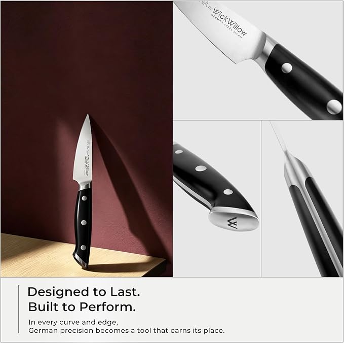 WICKWILLOW 3.5” Paring Knife – Ultra Sharp German Steel, Small Fruit Knife | Perfect for peeling, trimming and detailed prep with precise control and everyday comfort. Gift-Ready.