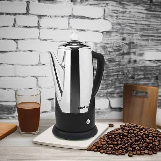 Elite Gourmet EC812 Electric 12-Cup Coffee Percolator, Stainless Steel | Keep Warm, clear brew progress knob, cool-touch handle, cordless serving base - great for entertaining