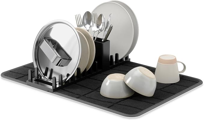 Umbra Udry Dish Drying Rack with Microfiber Mat, Foldable Drainer, Black | Machine washable, protects countertops, utensil holder, compact space saving design