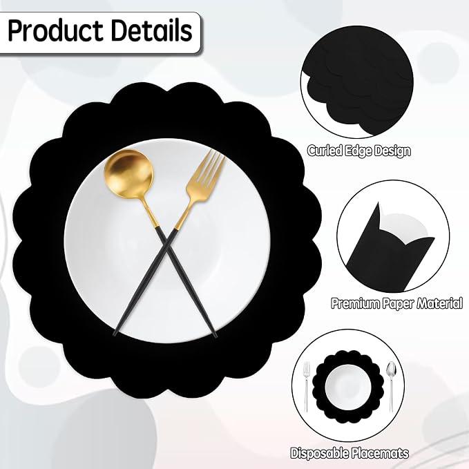 50 Pcs Black Paper Placemats Disposable, 13.5 Inch Disposable Scalloped Placemat for Birthday Wedding Baby Shower Banquet Tea Party