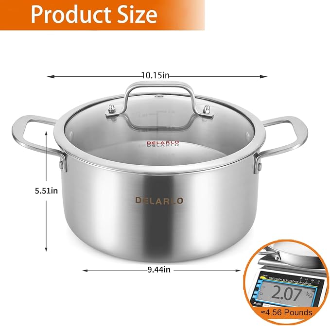 DELARLO Tri-ply Stainless Steel 6 Quart Heavy Duty Induction Stock Pot | Full Clad Stainless Steel Induction Ready 18/10 Heavy Duty Durable Suitable for All Stove Up to 600℉