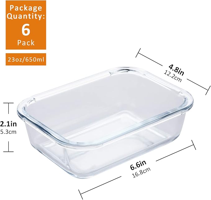 YEBODA Glass Food Storage Containers with Lids, 23 oz, 6 Pack | Borosilicate glass containers with locking lids for meal prep, lunches, leftovers, freezer, microwave, oven and dishwasher