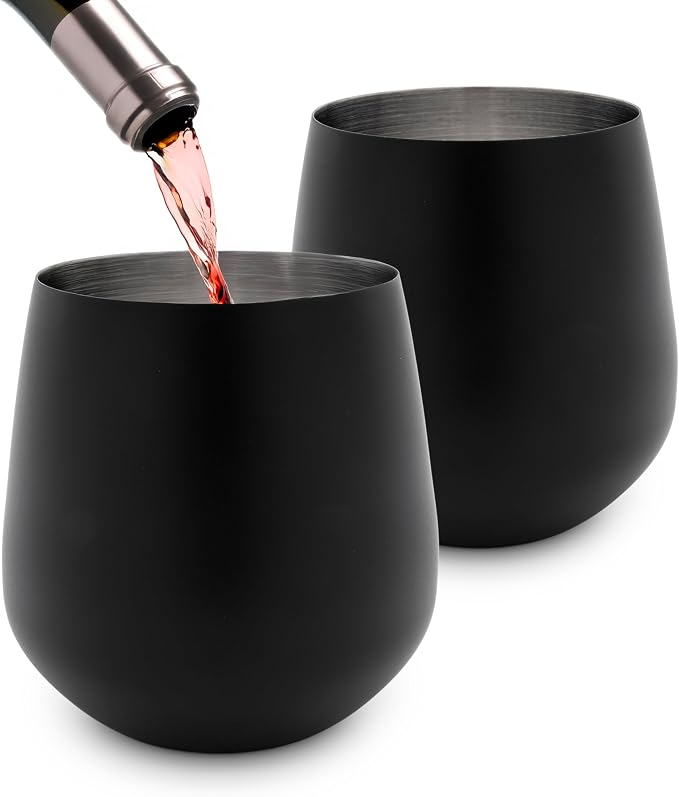 K&K Home Stainless Steel Unbreakable Stemless Wine Glasses - 15 oz - Set of 4 Colored, Stemless Metal Wine Glasses Perfect for Outdoors, Weddings, and Parties (Black)