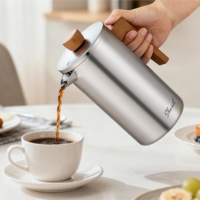 French Press Coffee Maker, 34oz Stainless Steel Coffee Press Real Wood Handle, Double Wall Insulated French Coffee Press with Dual-Filter Screen, Perfect for Camping & Kitchen Use