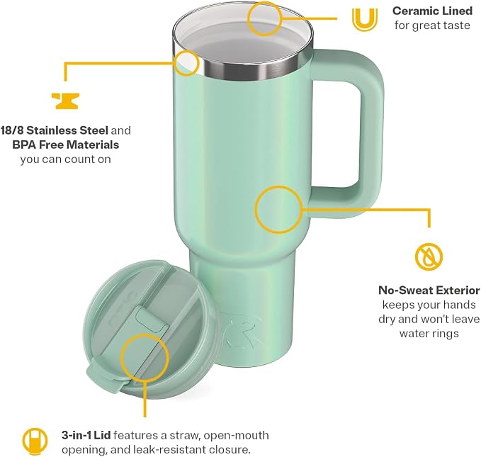 RTIC 40oz Road Trip Tumbler, Insulated, Ceramic Lined, Fresh Mint Glitter | with Lid, Handle and Straw, Stainless Steel Metal Cup, Portable for Hot and Cold Drinks, Coffee, Car, Camping, Travel