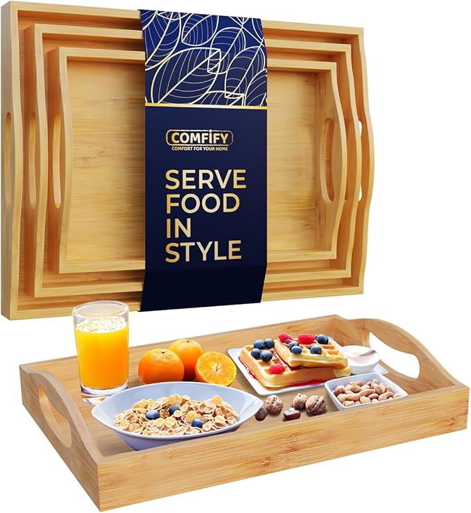 Comfify Bamboo Serving Trays – Set of 3 Ottoman Trays for Food, Entertaining, and Decor – Minimalist Design | Natural bamboo wood; for coffee table, breakfast tray and bathroom organizer; S: 12", M: 14.5", L: 16.25" – hand wash only