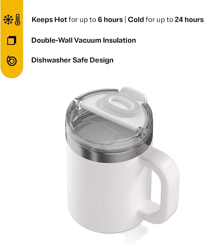 RTIC 12oz Essential Mug with Lid and Handle, Ceramic Lined, White | Stainless Steel Metal, Insulated Travel Cup for Hot and Cold Drinks, Coffee, Car, Camping and Travel