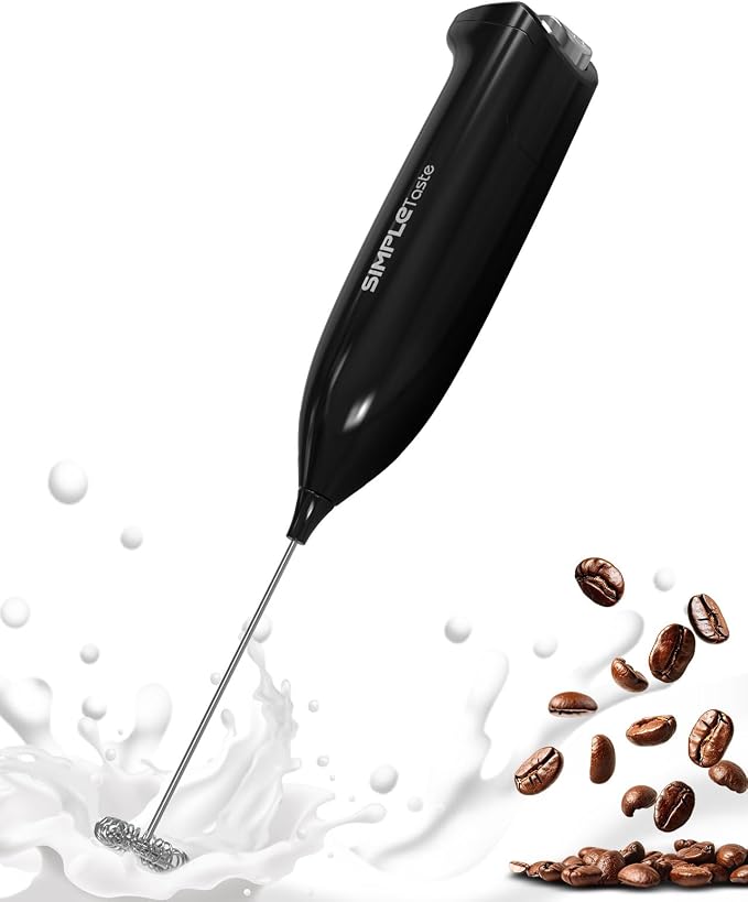 SIMPLETASTE Milk Frother Handheld Electric Foam Maker Battery Operated | Drink Mixer with Stainless Steel Whisk for Cappuccino, Bulletproof Coffee, Latte, Midnight Black, without Stand