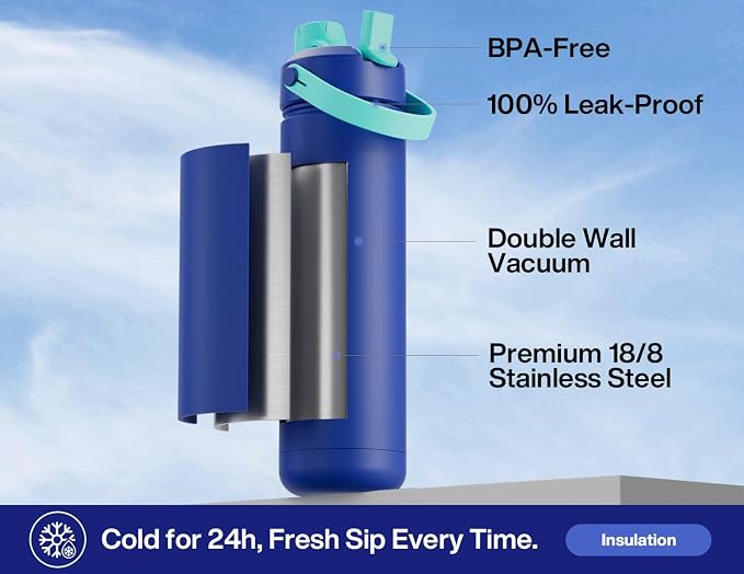 POWCAN 26 oz Insulated Water Bottle with 2-in-1 Straw and Spout Lid, Keep Cold 24H, Leak-Proof, Fits in Car Cup Holder, Stainless Steel Water Bottle for Gift, Art Studio & Daily (Star-Lit Nightfall)
