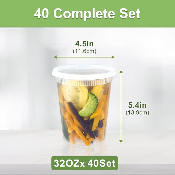 Dipoo 40 Sets (80-Piece) Deli Containers with Lids 32 oz | Leak-Proof & BPA Free Airtight Takeout Plastic Food Storage Containers for Soup, Freezer/Microwave/Dishwasher Safe
