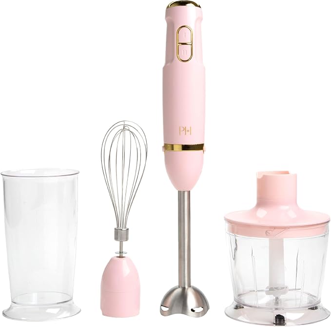 Paris Hilton Hand Blender Set, 3-in-1 Immersion Blender with Whisk, Blending & Chopper Attachments, 400W High Speed, Pink with Gold Accents, Handheld Blender for Smoothies, Soups, Sauces, Cream, Pink