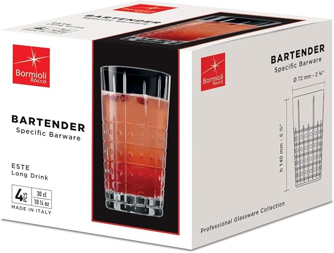 Bormioli Rocco Bartender Este 10.25 oz. Long Drink Drinking Glasses for Cold Drinks, Juices, and Cocktails, Clear, Set of 4