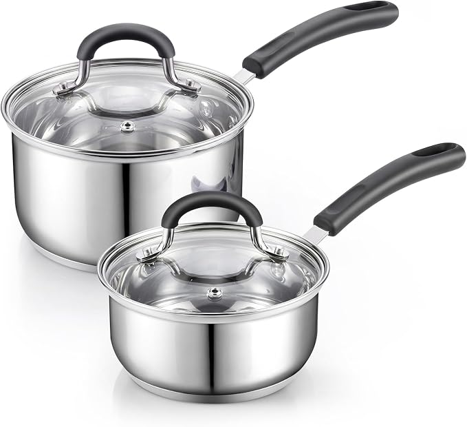 Cook N Home Professional 1 Quart and 2 Quart Stainless Steel Saucepan Set with Lids, Small Kitchen Induction Cooking Sauce Pot Pan, Stay-Cool Silicone Handle, Dishwasher Safe