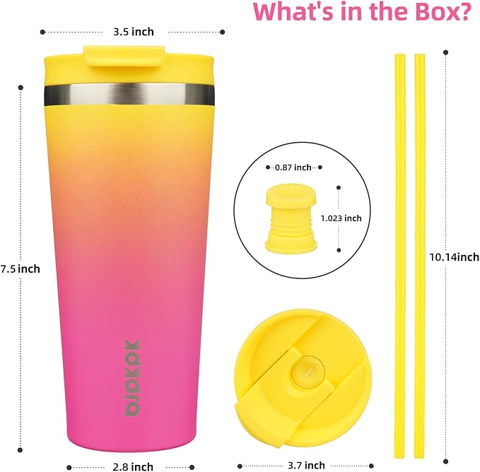 BJPKPK 22 oz Coffee Tumbler with Straw, Insulated Stainless Steel Cup | Double Wall Vacuum, Leak Proof Lid, Keeps Hot/Cold/Iced, BPA Free, Dishwasher Safe, Cupholder Fit, Travel, Pink Yellow Rose
