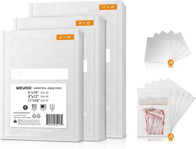Wevac Vacuum Sealer Bags, 150 Gallon 11" x 16", and Quart 8" x 12" and Pint 6" x 10", 5 Liquid Block Bags & 5 Bone Guard Pieces, Heavy Duty for Food Storage, Sous Vide & Meal Prep