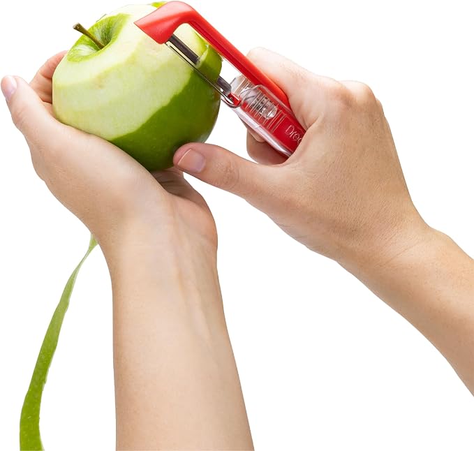 Dreamfarm Sharple Self-Sharpening Vegetable Peeler - Red | Ceramic sharpener in safety cover automatically hones stainless steel swivel blade, suitable for left & right handed use