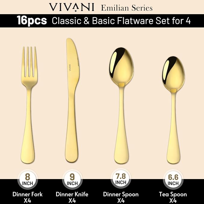 VIVANI 16-Piece Gold Silverware Set for 4, Stainless Steel Flatware Set | Dishwasher Safe Cutlery Set with Titanium Coating for Home, Kitchen, Apartment, Dinner Party, Housewarming, Rust Resistant