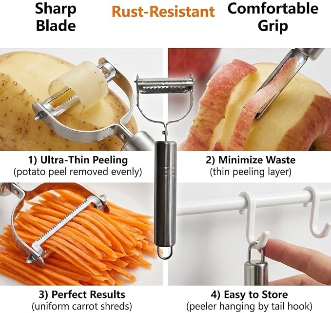 2PCS Multifunctional Julienne Vegetable Peeler for Potato Carrot | Ergonomic Wooden Handle & Bottle Opener, Ultra Sharp Stainless Steel for Kitchen, Veggies, Carrot, Hard Skin Pumpkin, Brown