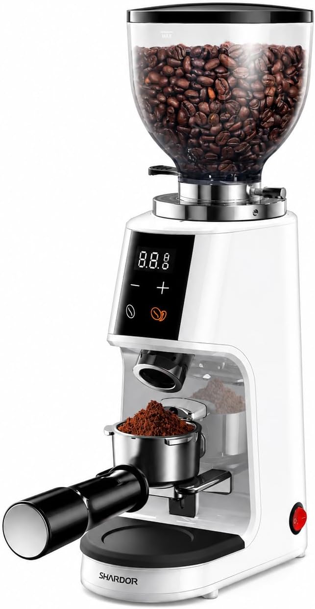 SHARDOR 64mm Flat Burr Coffee Grinder, 100 Settings, Anti-Static, White | Electric Bean Grinding, All-Metal Chamber, Portafilter Holder,Precision Timer, LED Display, 260W, Silicone Bellows, 120V Only