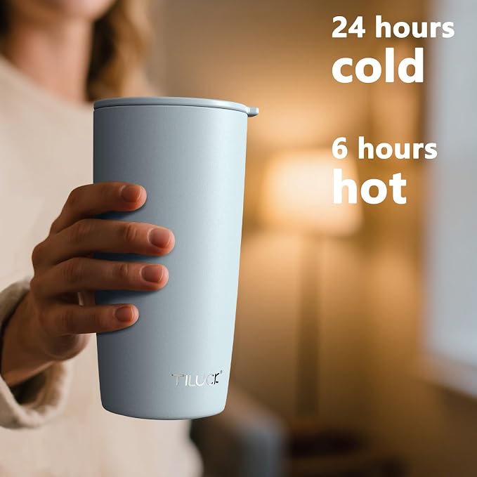 TILUCK 20 oz Insulated Coffee Tumbler with BPA-Free Lid | Travel Coffee Mug, Dishwasher Safe, Cup Holder Friendly, Double-Wall Vacuum Insulation for Hot & Cold Drinks,MatteLightBlue