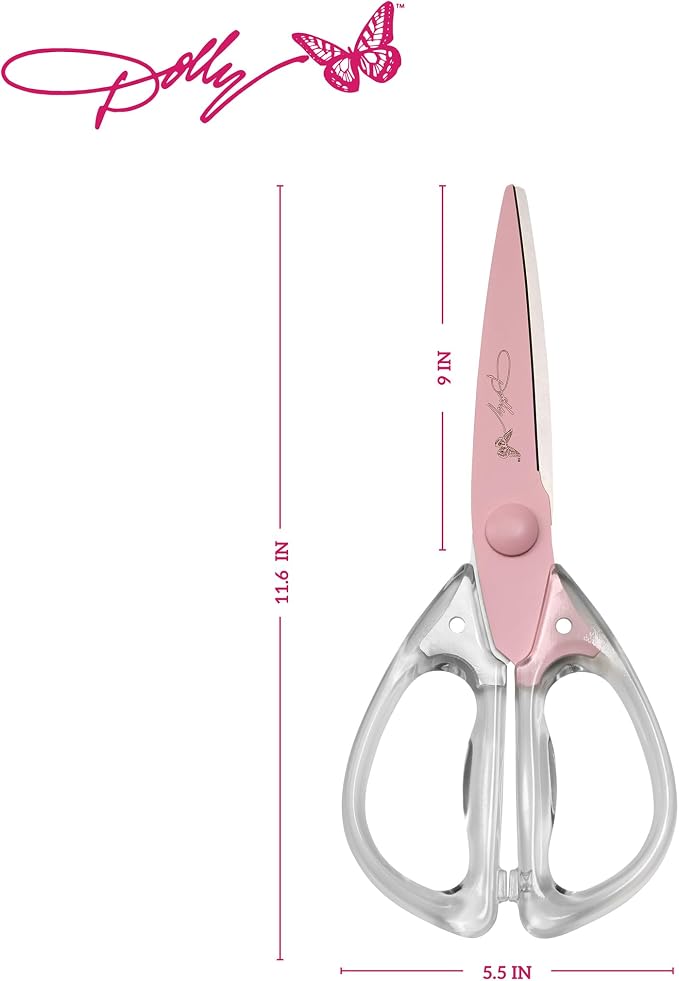 Dolly Parton All-Purpose Kitchen Scissors with Pink Blade and Clear Acrylic Handle - Sharp Stainless Steel Kitchen Shears for Food, Herbs, Parchment and Crafts