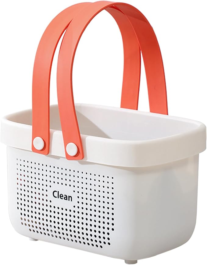 Portable Shower Caddy Basket with Handle Plastic Storage Basket Small White | Sturdy Drainage Large Capacity Organizer Basket with Silicone Handles for Bathroom Kitchen Bedroom College Dorm Essentials