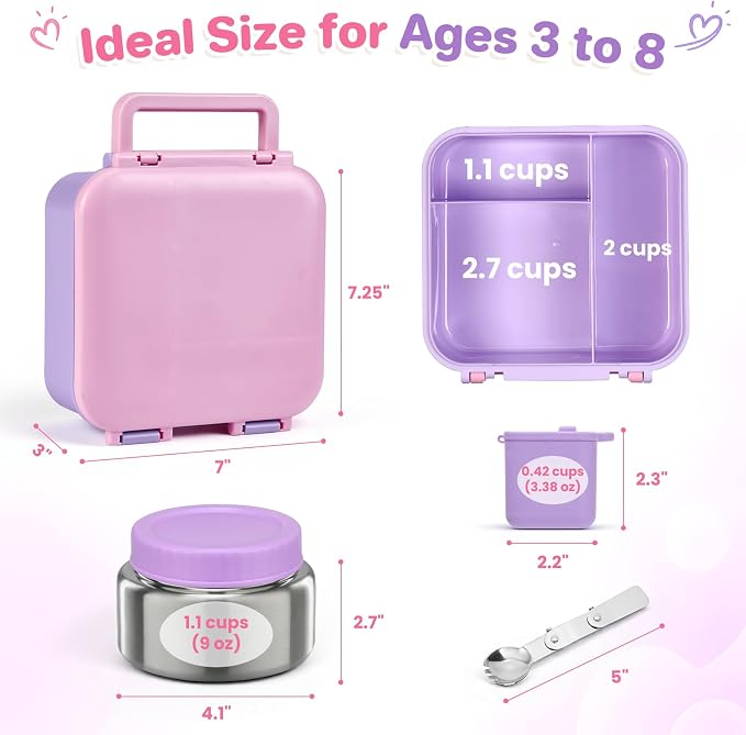 Bento Box for Kids, Lunch Box with Thermo(9oz Food Jar), Silicone Sauce Cup, Stainless Steel Spoon & Removable Divider, Kids Lunch Box Set for Girls Boys Back to School, Pink/Purple