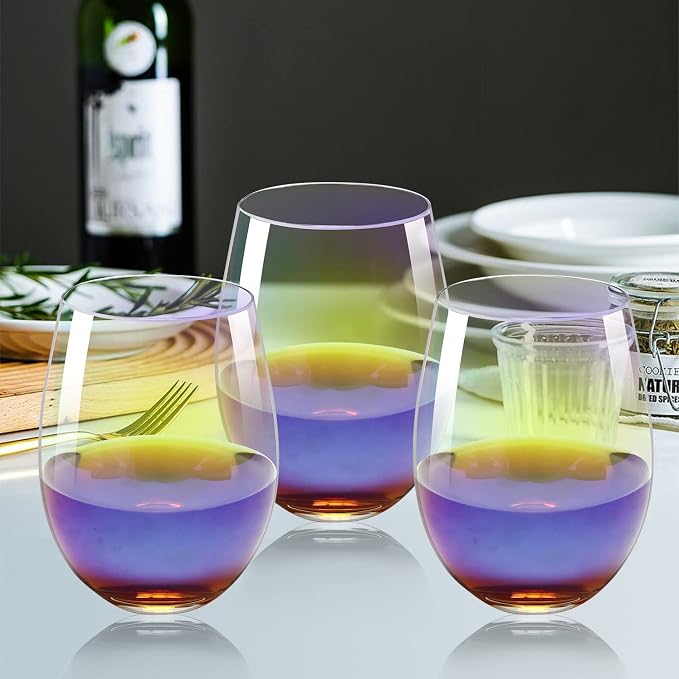 Stemless Wine Glasses Set of 4, 20 Ounce Iridescent Wine Glass for Red or White Wine, Whiskey- Pool Party Beach Travel Cups…