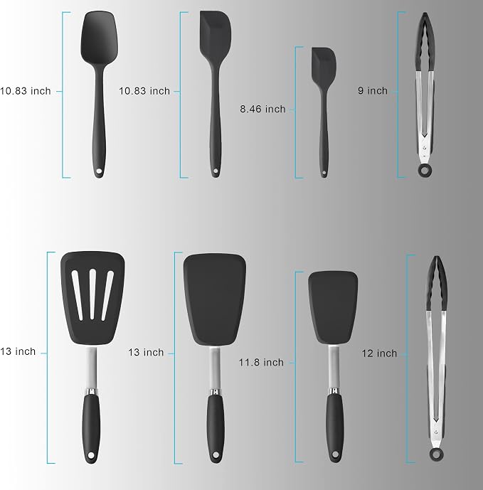 5-Piece Silicone Spatulas Set with Tongs, 446°F Heat Resistant, Black | Steel-core Utensils, Nonstick-safe Silicone Turners and Tongs for Flipping, Grilling, Mixing and Baking, Dishwasher Safe
