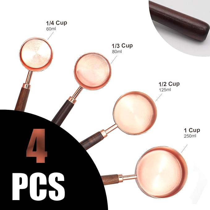 SHIKORI Rose Gold Measuring Cups and Spoons Set with Wood Handles-4PCS | Premium Stainless Steel Measuring Spoons and Measuring Cups Set, For Cooking and Baking in the Kitchen-Rose Gold-4Cups