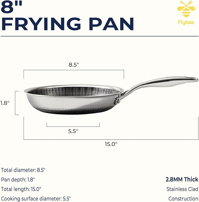 8 Inch Hybrid Nonstick Frying Pan, Tri-Ply Stainless Steel Pan with Non-Toxic Ceramic Coating, FDA Compliant & PFAS-Free, Dishwasher & Oven Safe, Induction & All Cooktops Compatible