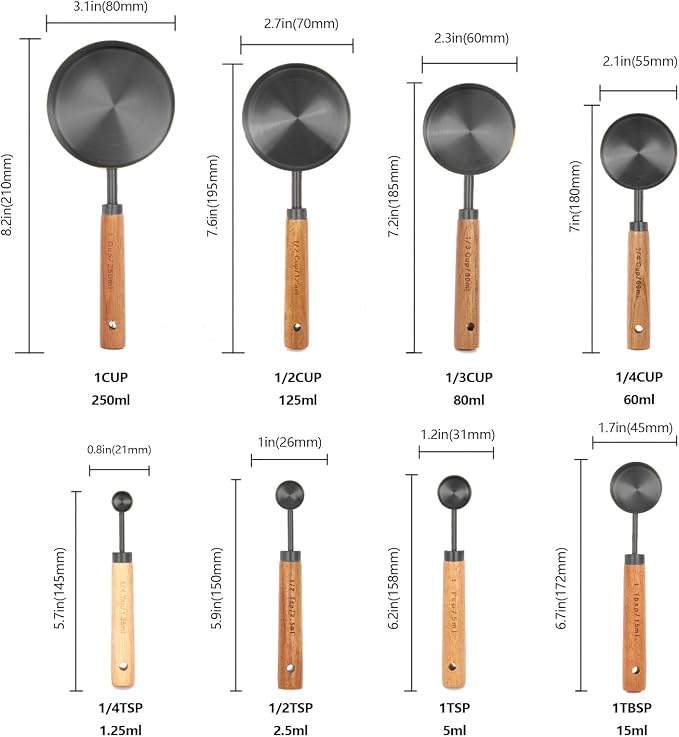Measuring Cups and Spoons Set with Fragrant Wood Handles, Microwave safe | Premium Stainless Steel, Dishwasher safe, Precision Measuring Cup Set for the Kitchen Enthusiast , 8 Piece (Black)