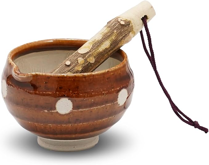 Traditional Japanese Mini Sesame Seed Grinder with Pestle - Mino Takada-yaki Ceramic - Deep Amber - Ideal for Dressings and Sauces (Candy Polka Dot Brown)