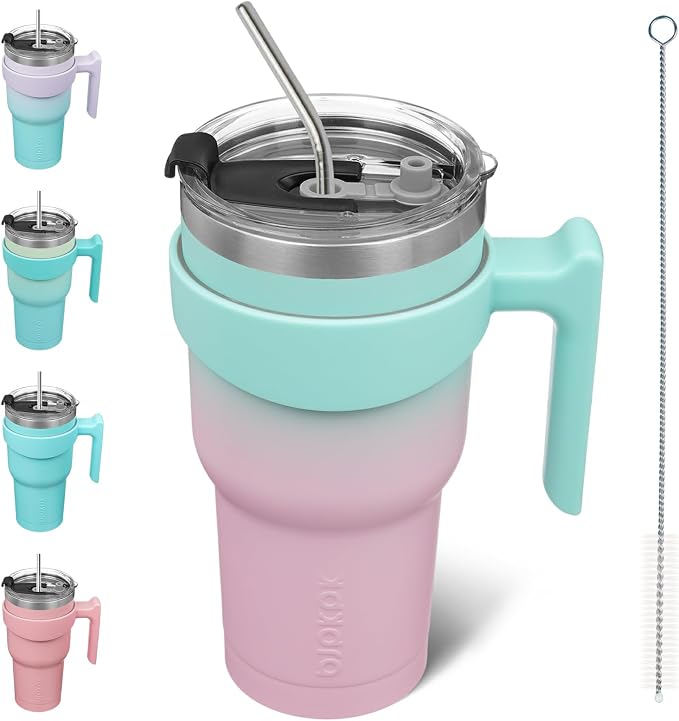 BJPKPK 30 oz Tumbler with Handle & Straw, Insulated Stainless Steel Mug | Double Wall Vacuum, Keeps Hot/Cold, Thermal Cup, BPA Free, Dishwasher Safe, Cupholder Fit, Coffee & Travel, Bubble Gum