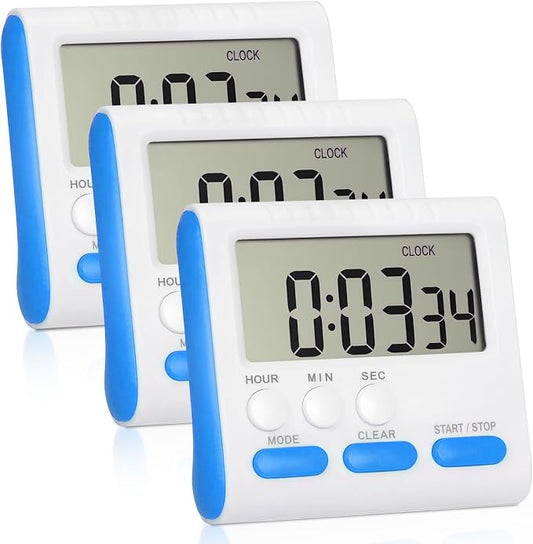 Mudder 3 Pack Digital Kitchen Timer for Cooking, Large Digits, 24 Hour Magnetic Backing Stand Kitchen Timers Clock for Classroom Kids Teachers, Loud Alarm and Large Screen (Blue)