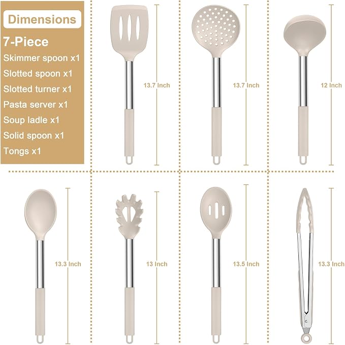 E-far Silicone Cooking Utensils Set, 7-Piece Khaki Kitchen Utensils Set | Heat Resistant Nonstick Cookware with Stainless Steel Handle, Slotted Turner, Spoon, Soup Ladle, Pasta Server, Skimmer, Tongs