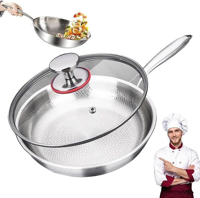 Titanium Frying Pan with Lid, 26cm Professional Stainless Steel Skillet, Nonstick Honeycomb Surface, Oven & Dishwasher Safe
