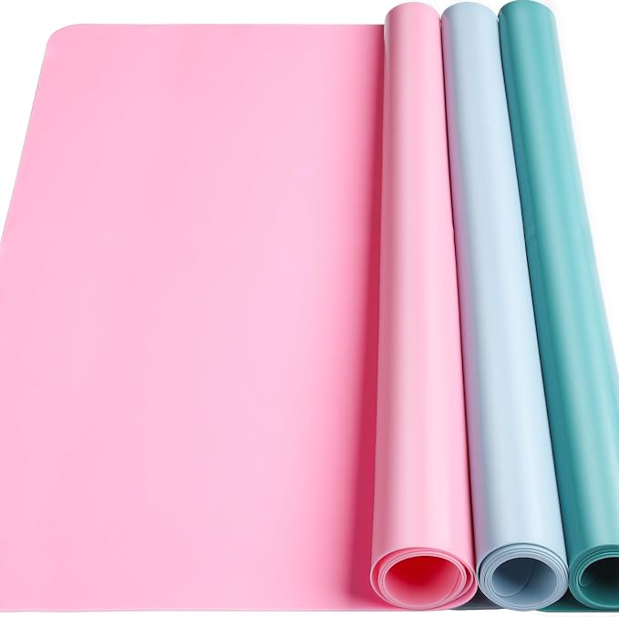 LEOBRO Silicone Mat for Crafts, 3 PCS 23.4” x 15.6” Large Silicone Mats, Craft Mats for Resin Molds, Clay, Dough, Jewelry Making, Sculpture Casting, Pastel Pink & Dark Green & Pastel Blue