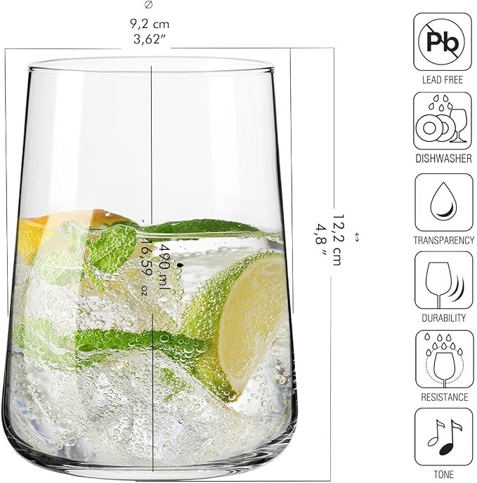 Krosno Water Glasses Set of 6, 16.6 oz, Infinity Collection | Glass Tumblers, Lead-Free Crystal Glassware, Juice Glasses, Water Glass Set, Dishwasher Safe, Made in Europe