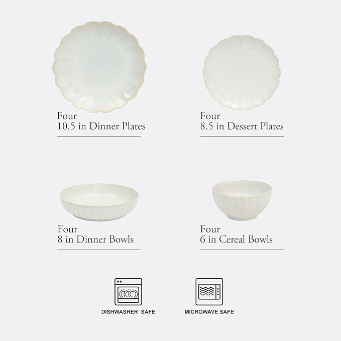 Gibson Elite Malibu Shore 16 Piece Scallop Stoneware Reactive Glaze (Service for 4) Ceramic Plates and Bowls Dinnerware Set - Shiny Cream White