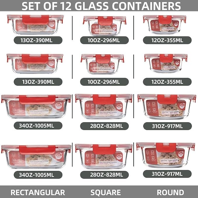 12 Pack Glass Storage Containers Transparent, Stackable Design Meal Prep Containers for Food Storage, Home, Kitchen & Pantry Organization, Microwave/Freezer/Dishwasher Safe