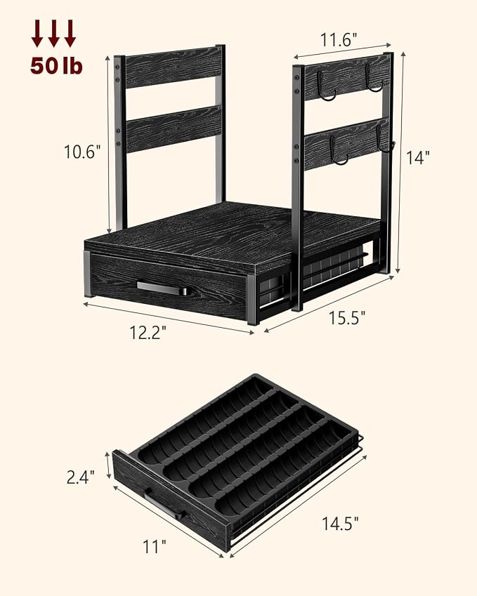 Evermagin Coffee Pod Holder Compatible with Nespresso,Fit 28 Large/56 Small | Coffee Pod Organizer Drawer Station with Cup Rack, Vertuo Pod Holder for Home and Office,Black