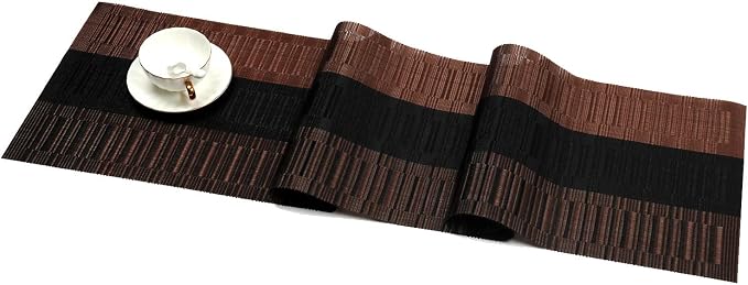 SHACOS Table Runners Woven Vinyl Table Mats 12x54 inch for Kitchen Dining Table Non Slip Washable, Ombre Coffee Black