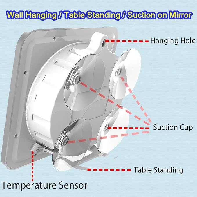 Large Waterproof Bathroom Shower Wall Clock, Big Digital Water Resistant Shatterproof Clock Thermometer Hygrometer for Bath, Temperature & Humidity Meter, Hanging & Table Standing & Mirror Suction Cup
