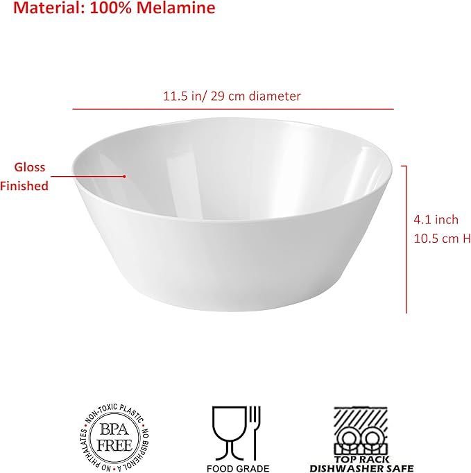 11.5 inch Melamine Large Mixing Bowls, Serving Bowls for Fruits, Popcorn, Chips, Salad, Condiments, Shatter Resistant, Set of 2 White