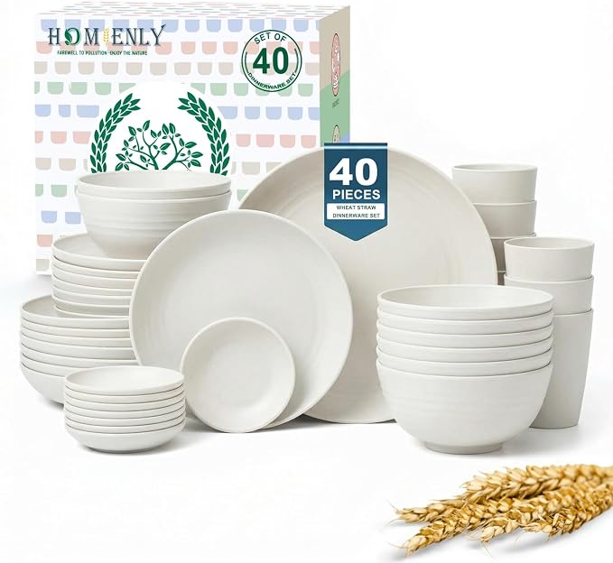 40 PCS Kitchen Dinnerware Sets, Wheat Straw Plates and Bowls Sets, Unbreakable Dishes Set for Camping, Picnic, Microwave and Dishwasher Safe, Plates, Bowls, Cups, Service for 8 (White)